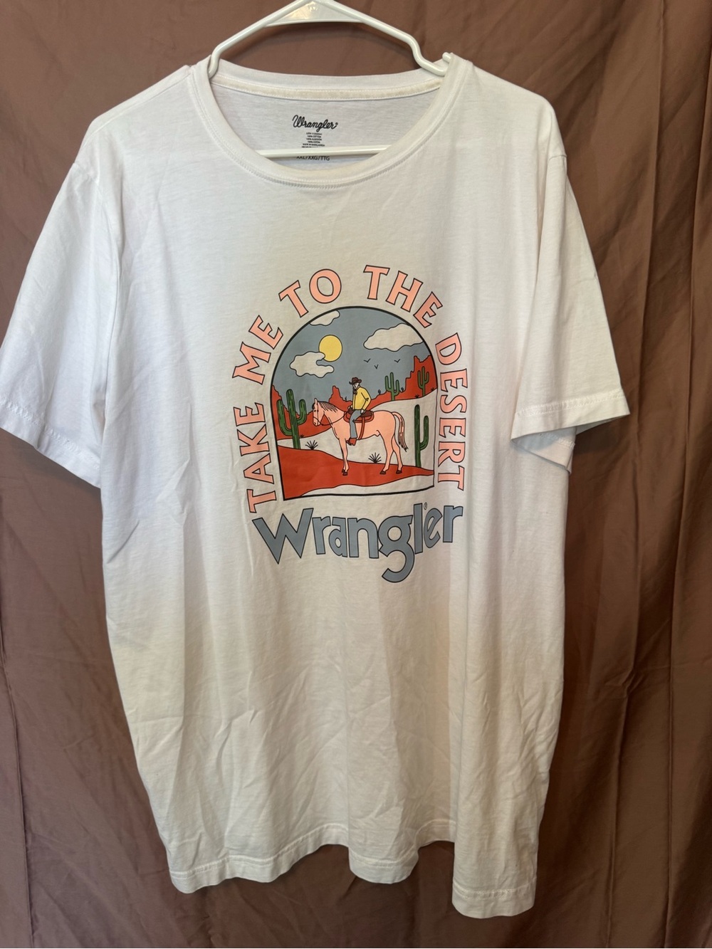 Wrangler White Graphic Tee with Red, Blue and Yellow Desert Print